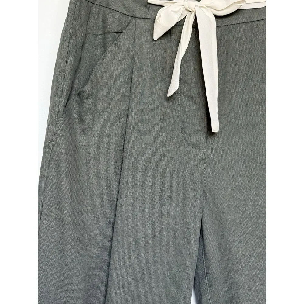 Aritzia Wilfred ALLANT Women's Pants Sz 4 Green Cropped‎ Tie Waist Linen Lyocell